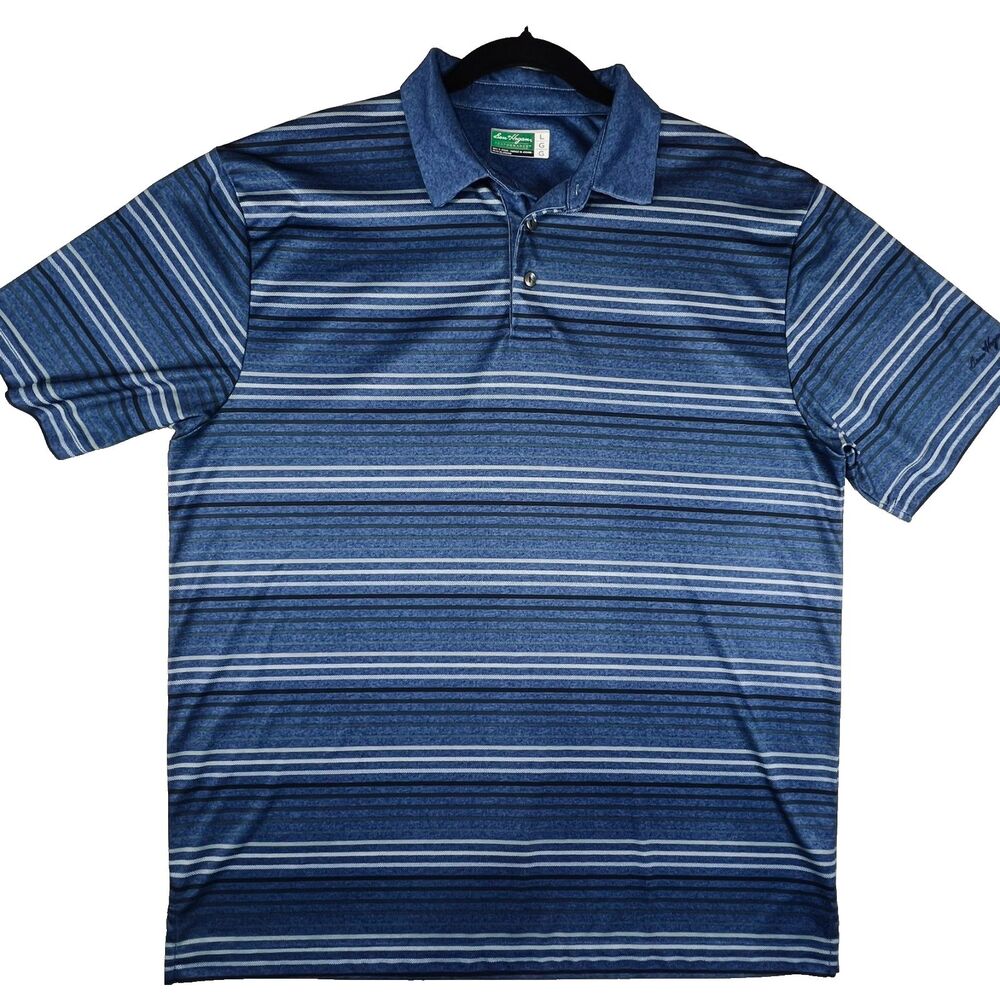 Ben Hogan Performance Golf Polo Shirt Mens L Blue Striped Short Sleeve Athletic